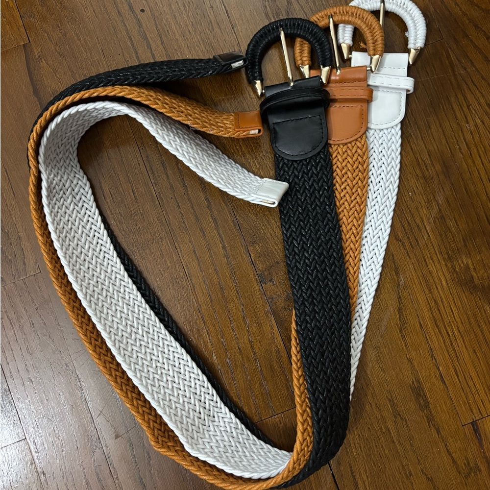 Stylish Woven Belts Set in Black, White, and Brown